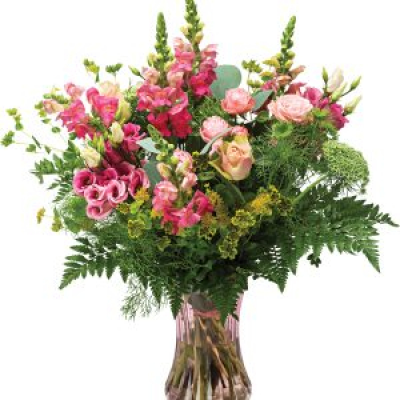 Cottage Garden - Pretty garden inspired pink flowers presented in a glass vase. Eco friendly as no packaging used