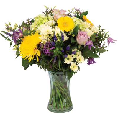 Summer Days - Summery yellow, purple and ivory flowers beautifully presented in glass vase. Eco friendly design as no packaging