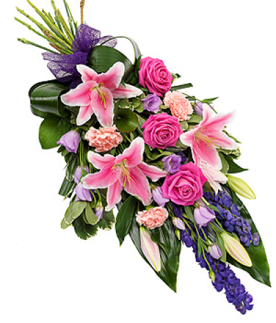 Pink and Purple Sheaf - A gorgeous Rose and Lily hand tied sheaf. Purple Lysianthus, pink Carnations.
