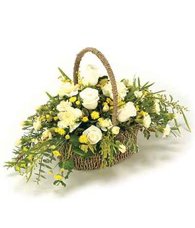 Basket Arrangement - A delightful basket arrangement containing white Roses, Carnations and Chrysanthemums. Available in 6 colours.

Delivering in Norwich and surrounding areas (please check on our delivery page for areas we cover)

Our funeral designs are created with care and hand delivered to the funeral directors.